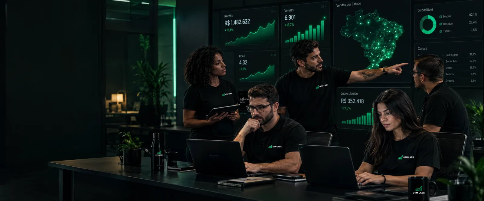 Sala de performance com painéis de campanhas