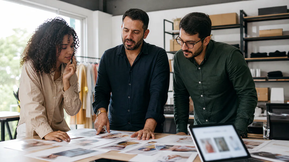 Dono de loja virtual revisando o planejamento das ofertas com a equipe