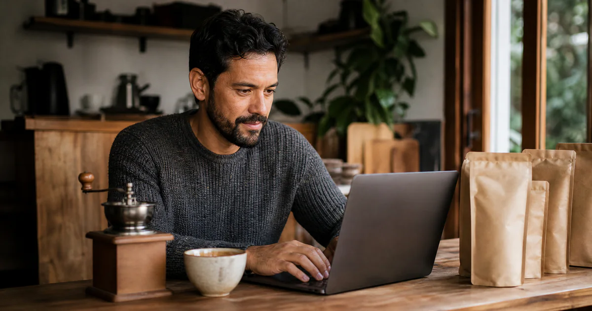 Dono de loja virtual escrevendo descrições de produtos no notebook
