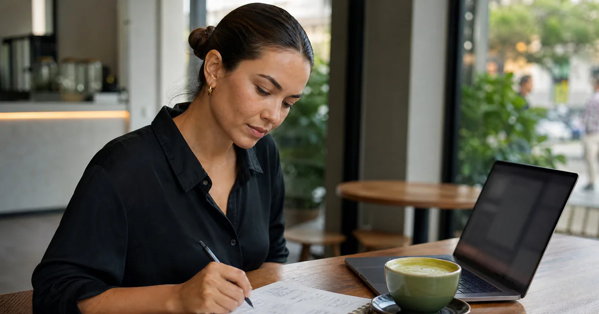 Empreendedora escolhendo o nome e o domínio da sua marca no notebook