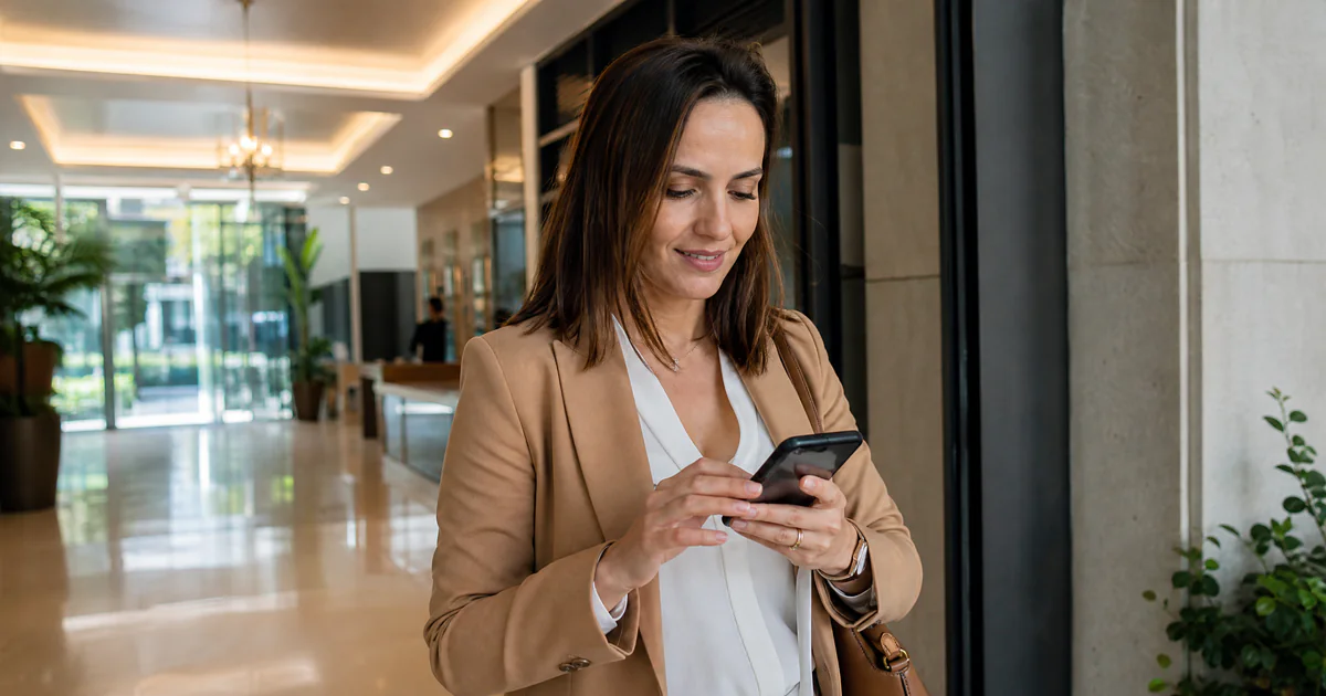 Corretora respondendo rapidamente um cliente interessado pelo celular