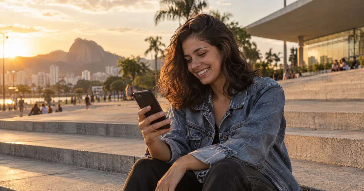 Jovem assistindo vídeos curtos no celular no fim da tarde