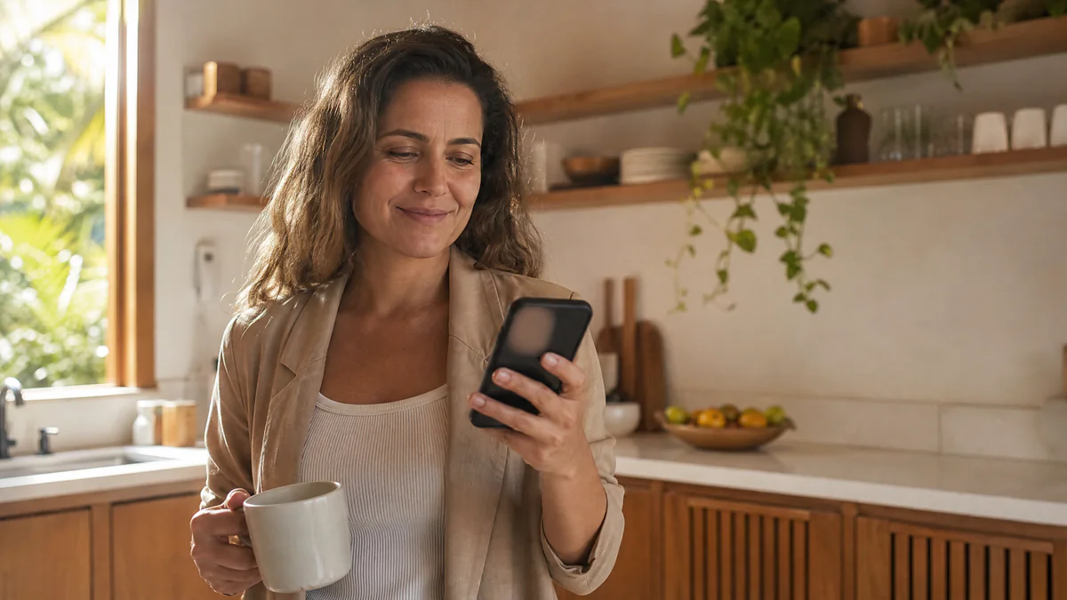 Empreendedora acompanhando os resultados do dia no celular antes de começar a trabalhar