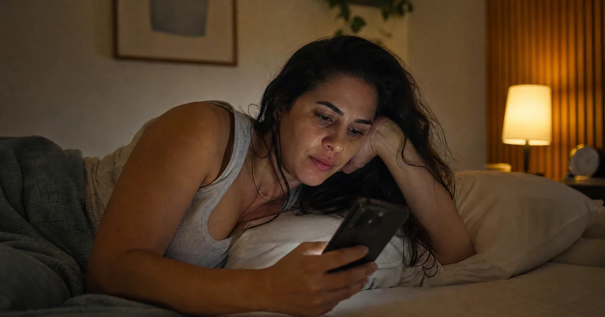 Mulher olhando um produto no celular à noite antes de decidir a compra