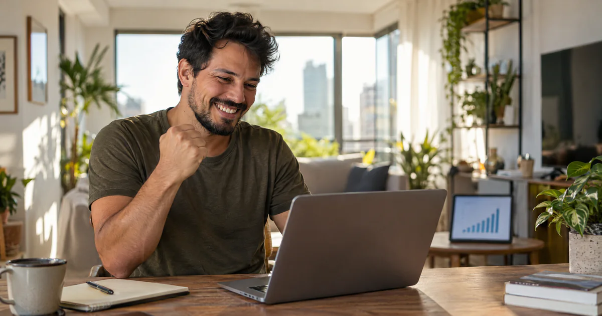 Empreendedor comemorando o resultado das campanhas olhando para o notebook