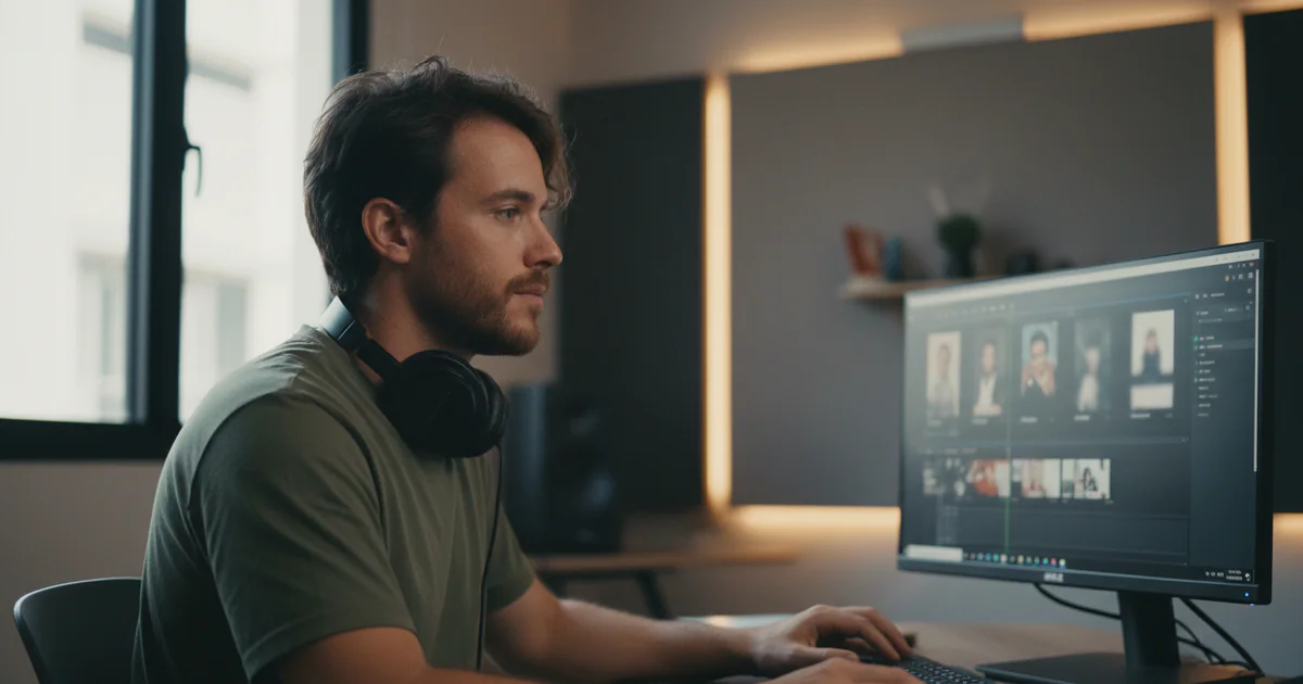 Editor de vídeo montando vários criativos de anúncio na tela do computador