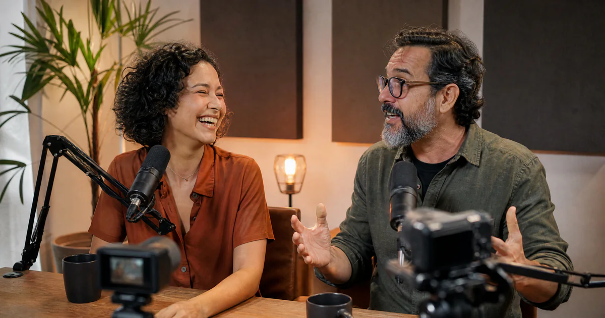 Dupla gravando um podcast em estúdio com microfones e câmeras