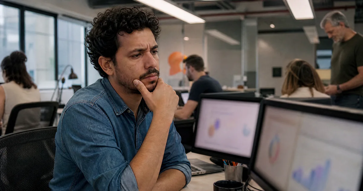 Gestor de tráfego comparando dois relatórios de vendas com expressão intrigada