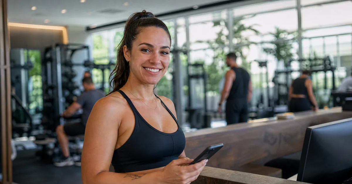 Recepcionista de academia atendendo alunos pelo celular na recepção