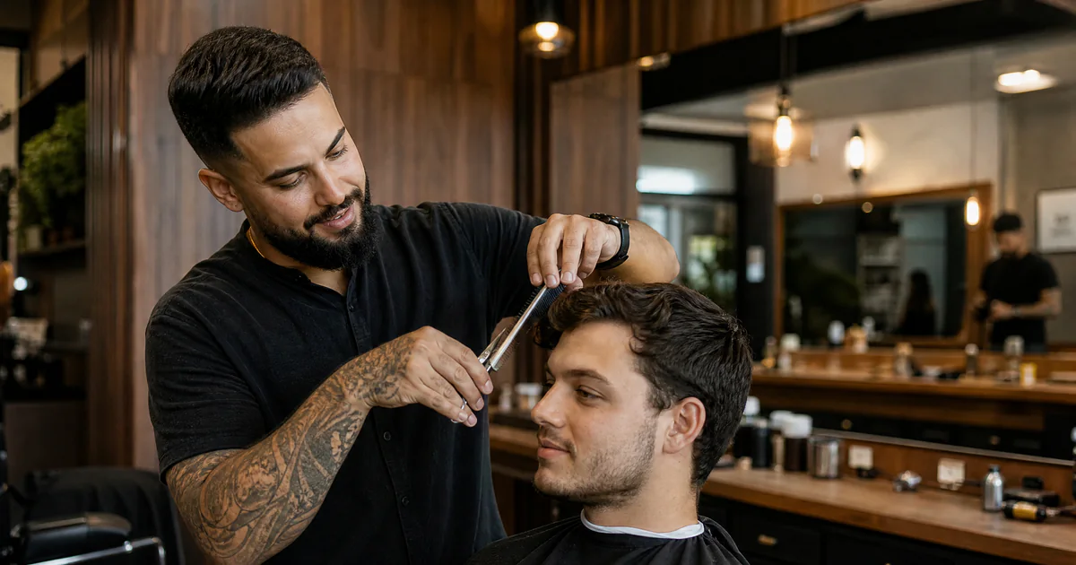 Barbeiro atendendo cliente enquanto o atendimento automático agenda novos horários